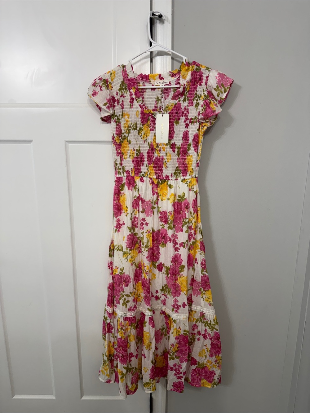 Floral Smocked Midi Dress in White, Pink & Yellow